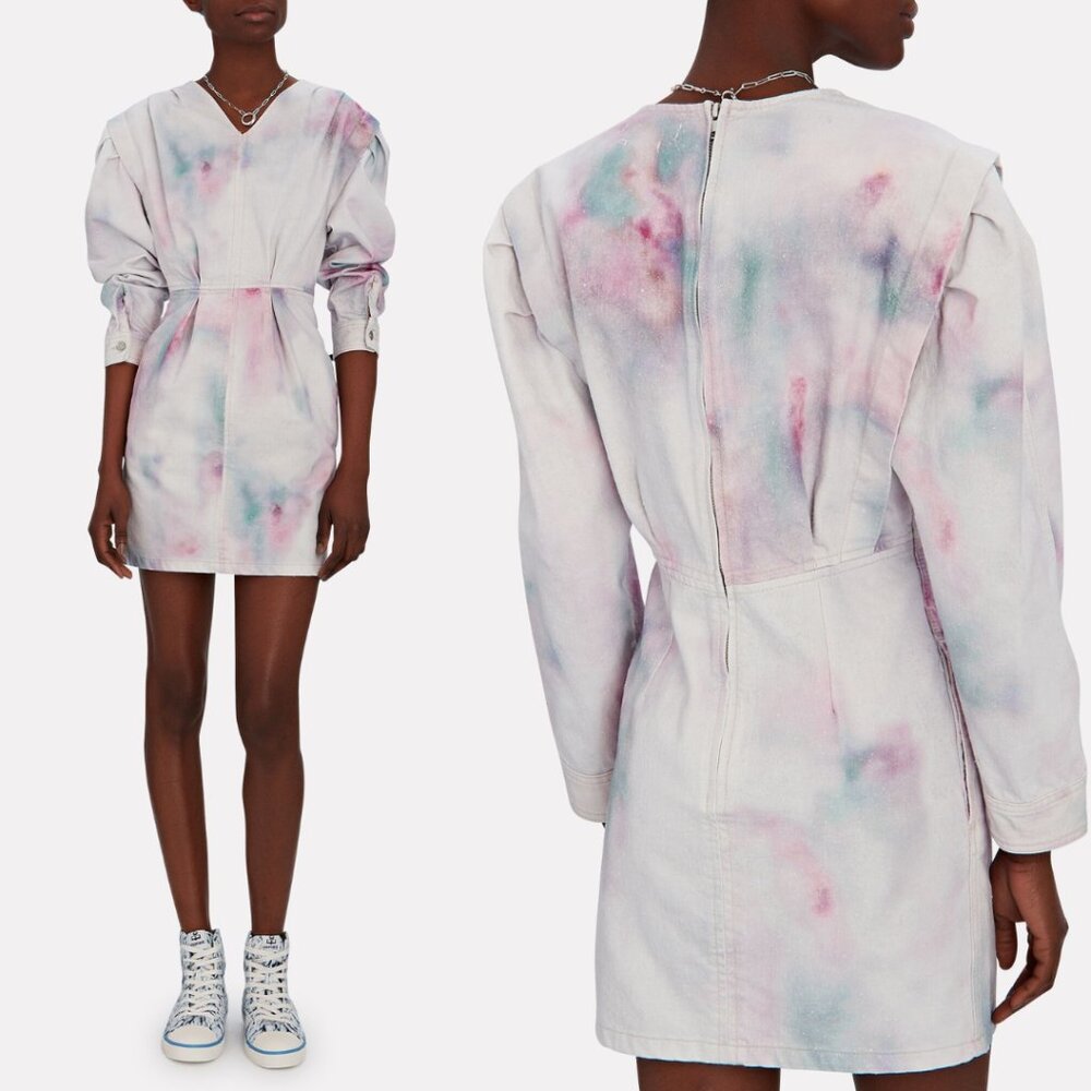 NWT Isabel Marant Étoile Lacanau Denim Mini Dress in Celaton Tie-dye Button-Cuff